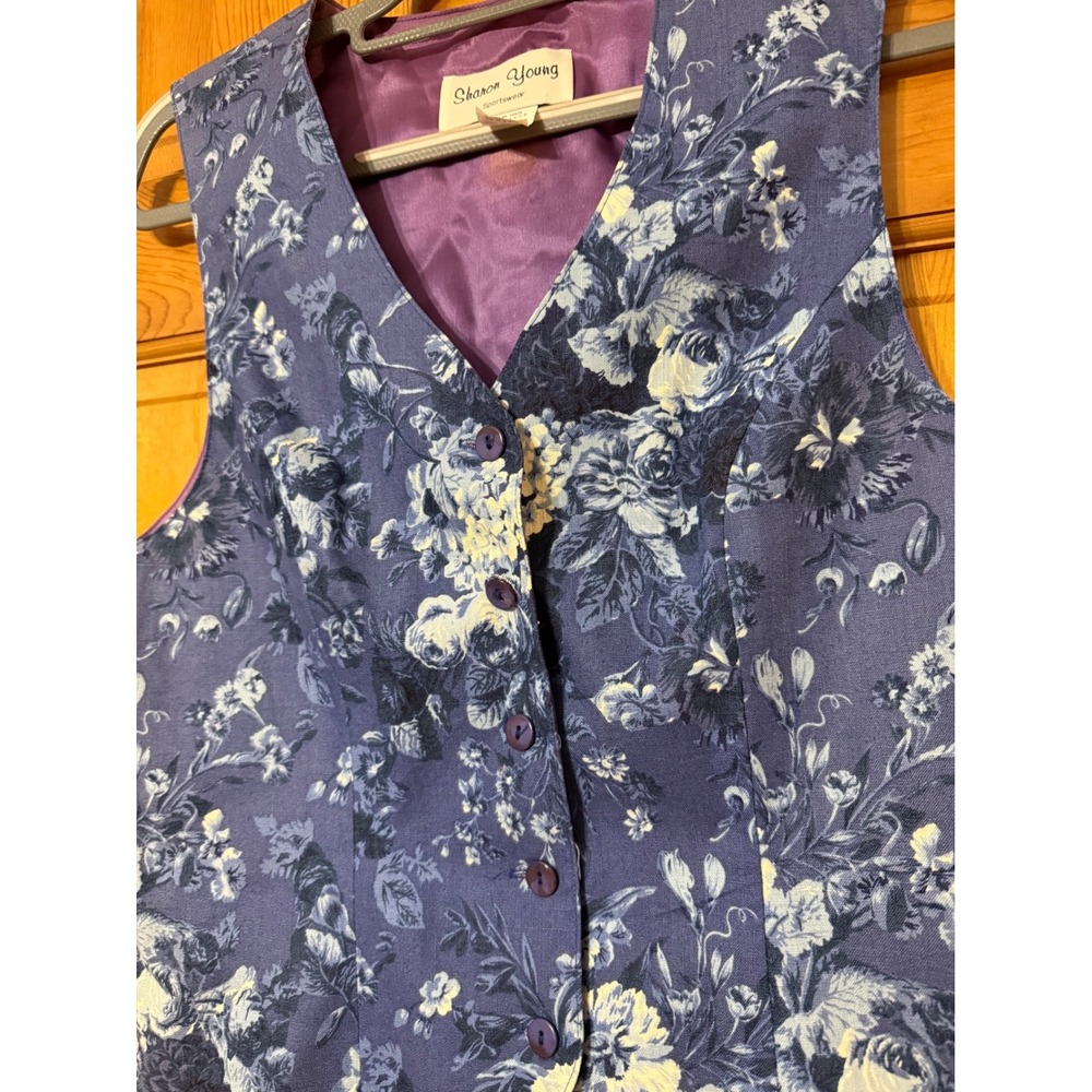 Sharon Young Sportswear Floral Linen Blend Vest Blue Purple V-Neck Medium USA - Picture 2 of 4
